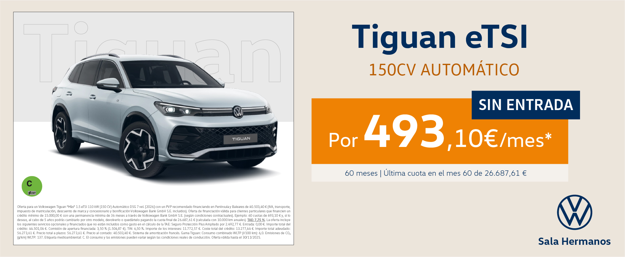 ¡Atención! Llévate tu Tiguan eTSI Automático por 493,1€/mes